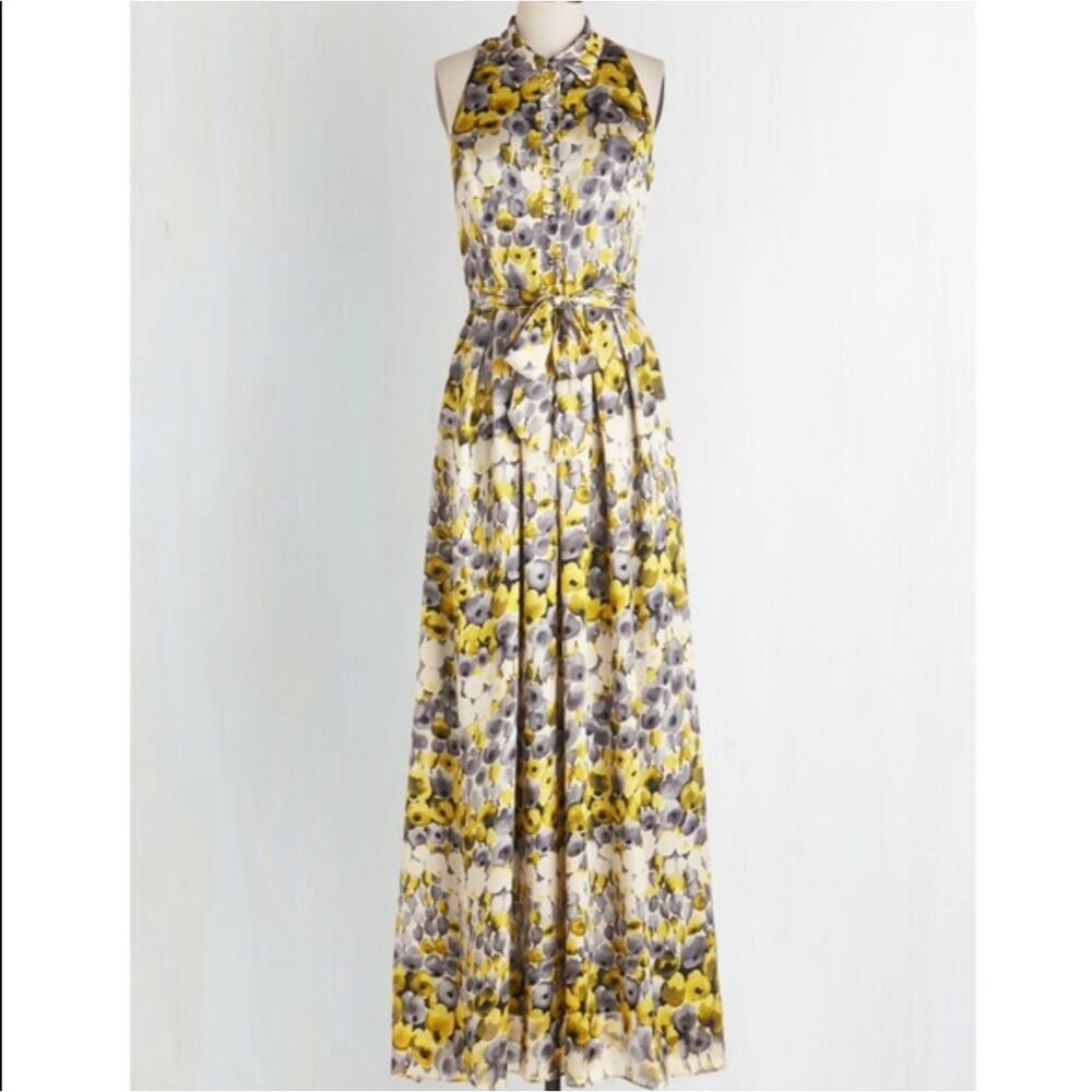 Eva Franco Coconinno Dress Womens XL Collared Sleeveless Tie Maxi Yellow Gray - Picture 2 of 8